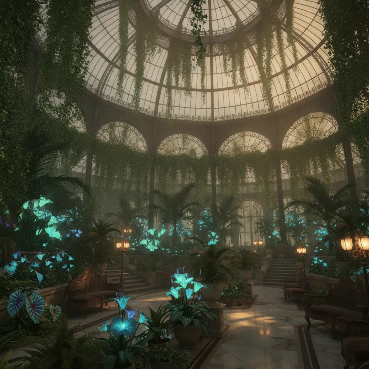 A magnificent Victorian greenhouse interior filled with glowing botanical life.